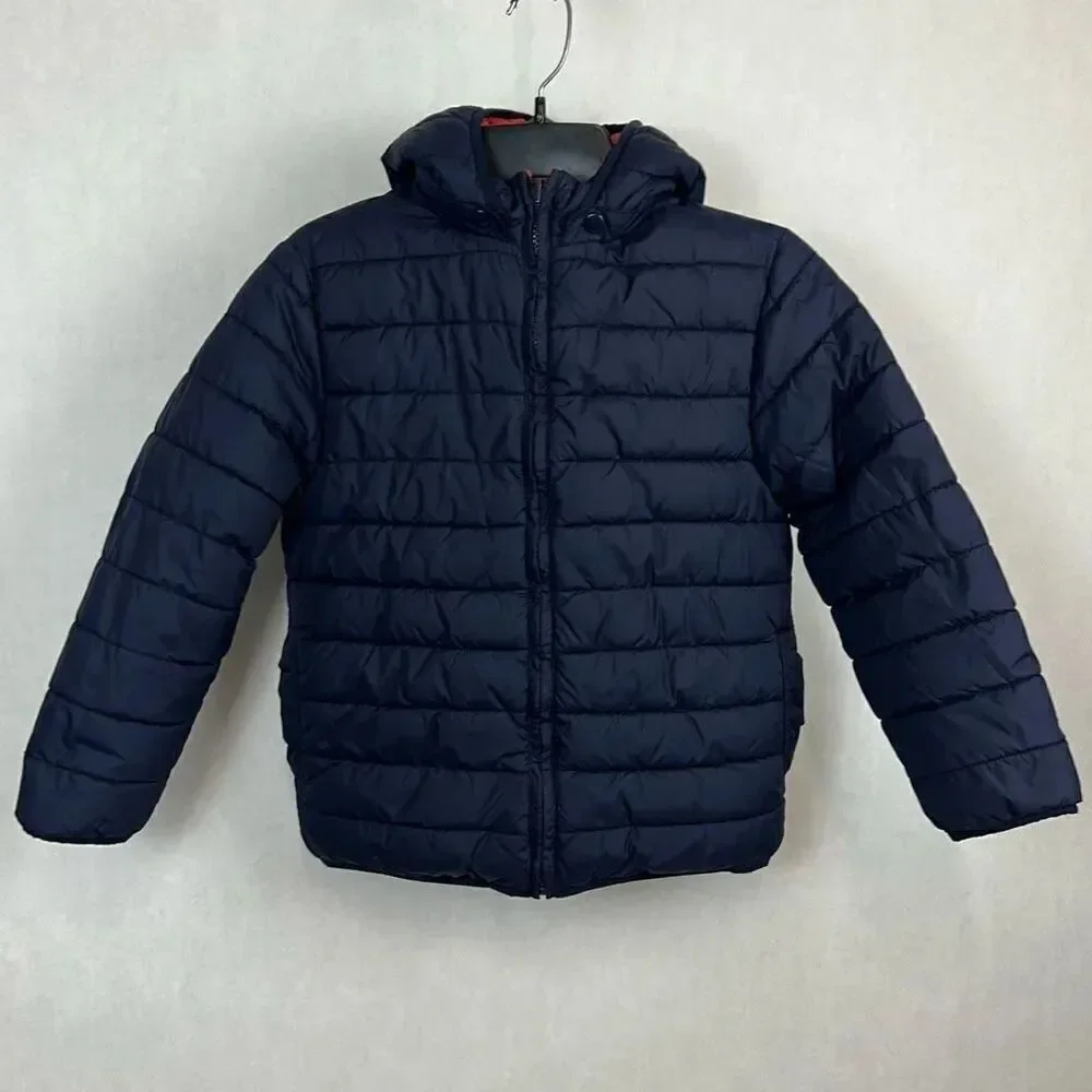 Gymboree Reversible Puffer Jacket Coat Red Blue Sz Medium 7-8 Hood Zip Front